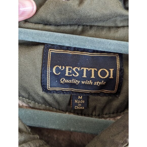 C Esttoi Women size M Vest Green Army Button Up Zip Waist Sherpa Lining Jacket - Picture 12 of 13